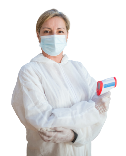 A woman in PPE with a thermometer on her hand