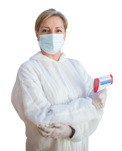 A woman in PPE with a thermometer on her hand