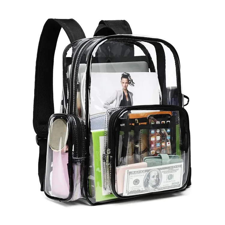 A clear backpack with black trim